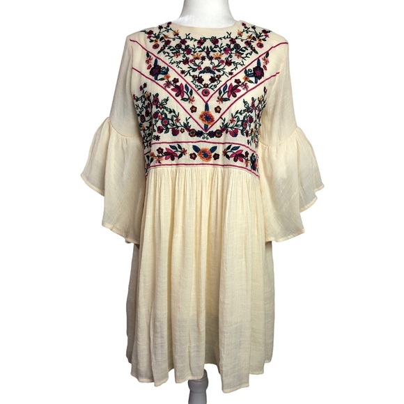 Umgee Dress Peacock Ivory Floral Embroidered Bells Sleeve Crinkle Pleated Boho - Picture 3 of 9